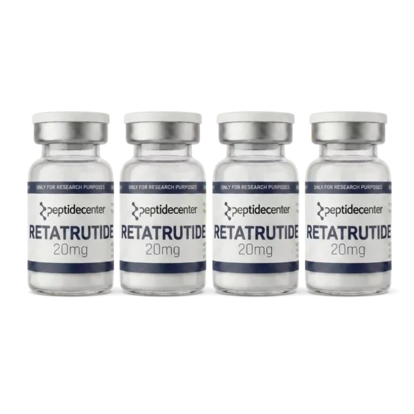 Vier flacons Retatrutide 20 mg gevriesdroogd poeder van PeptideCenter